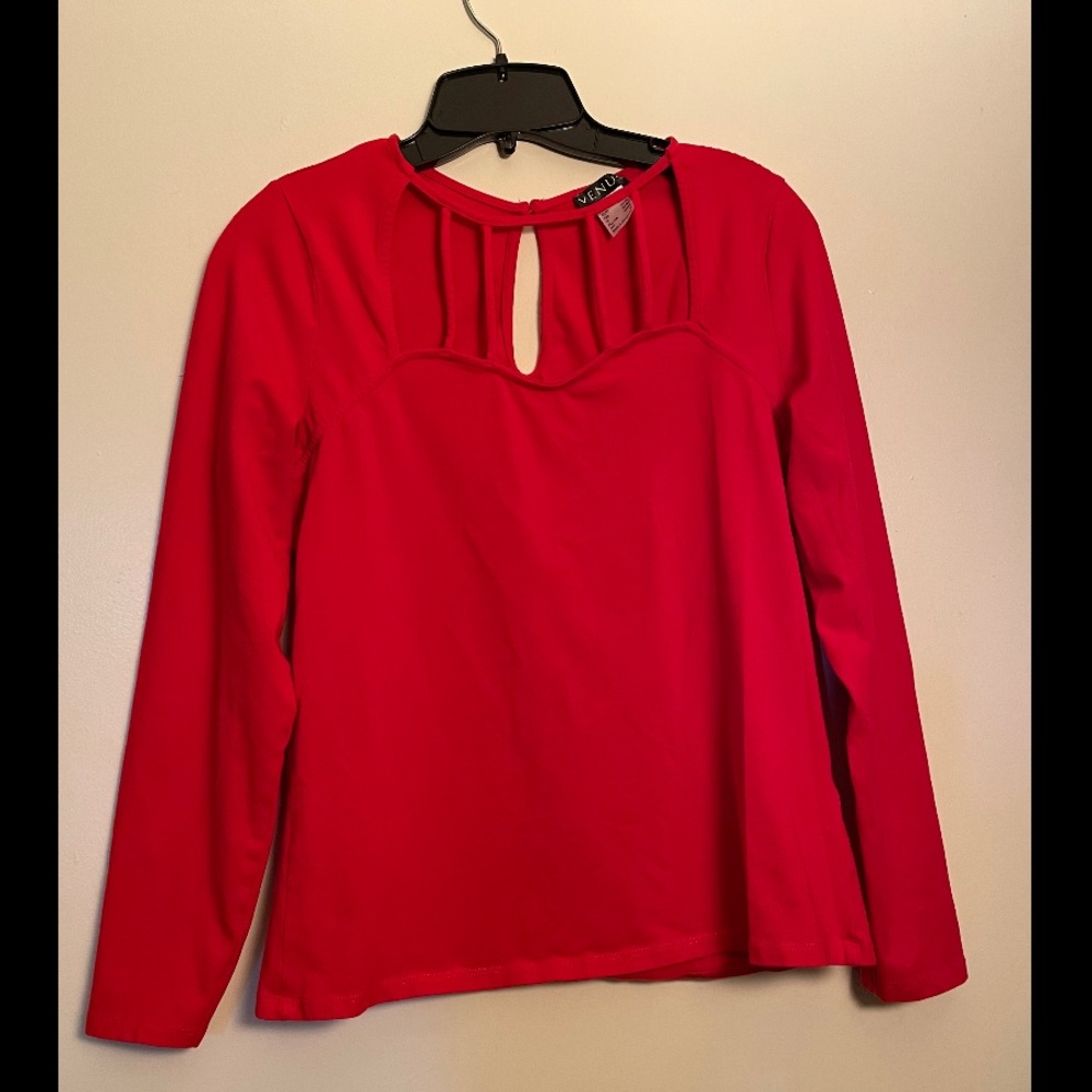 Venus Long Sleeve Red Shirt with Cage Detail Neck